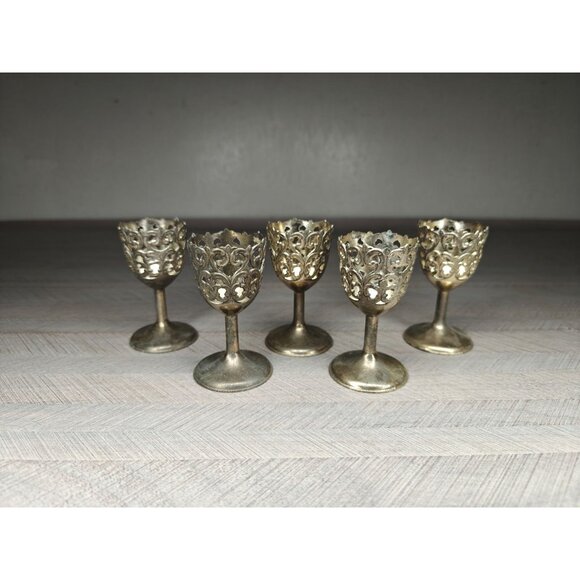 Vintage Shot Cordial Glass Holders Ornate Filigree Metal Stem Japan Made - Picture 2 of 7